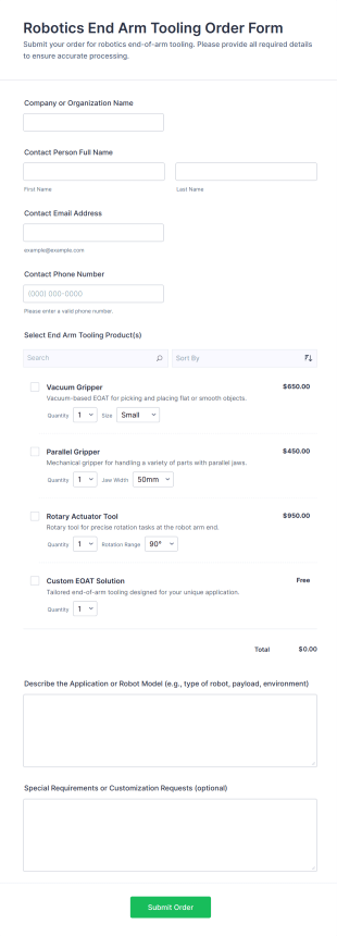 Robotics End Arm Tooling Order Form Template