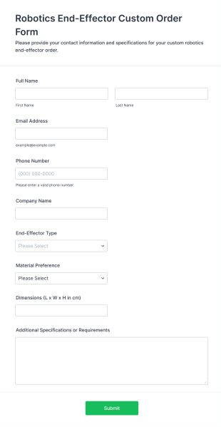 Robotics End Effector Custom Order Form Template