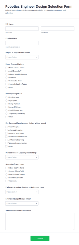 Robotics Engineer Design Selection Form Template