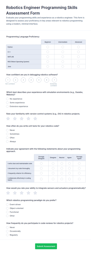 Robotics Engineer Programming Skills Assessment Form Template
