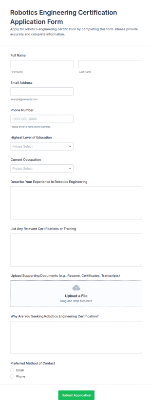 Robotics Engineering Certification Application Form Template