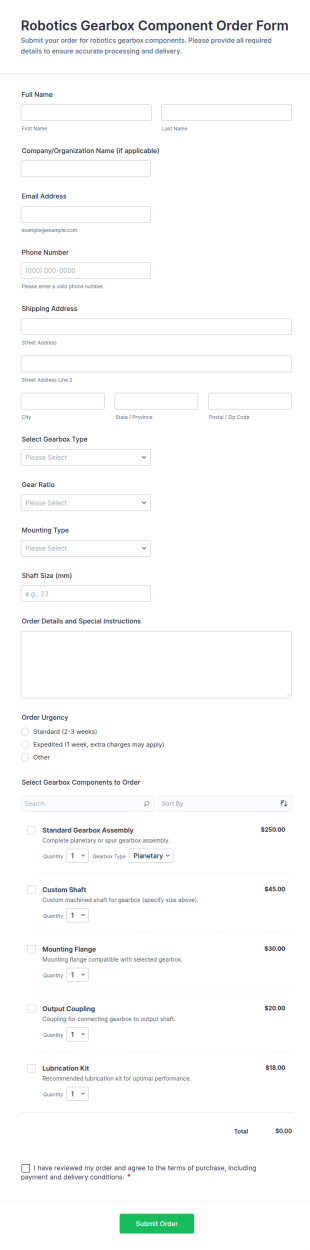Robotics Gearbox Component Order Form Template