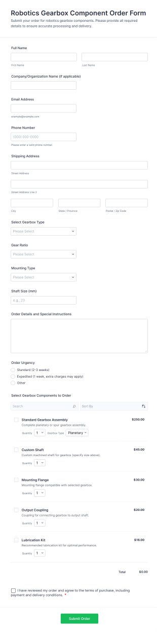 Robotics Gearbox Component Order Form Template