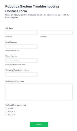 Robotics System Troubleshooting Contact Form Template