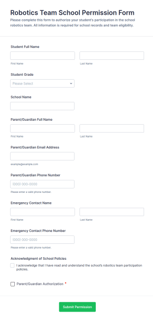 Robotics Team School Permission Form Template