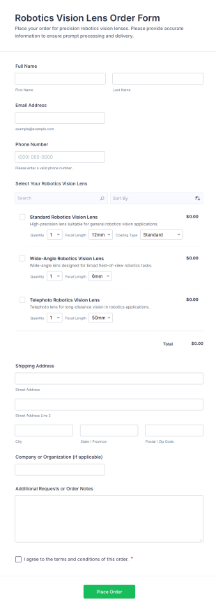 Robotics Vision Lens Order Form Template