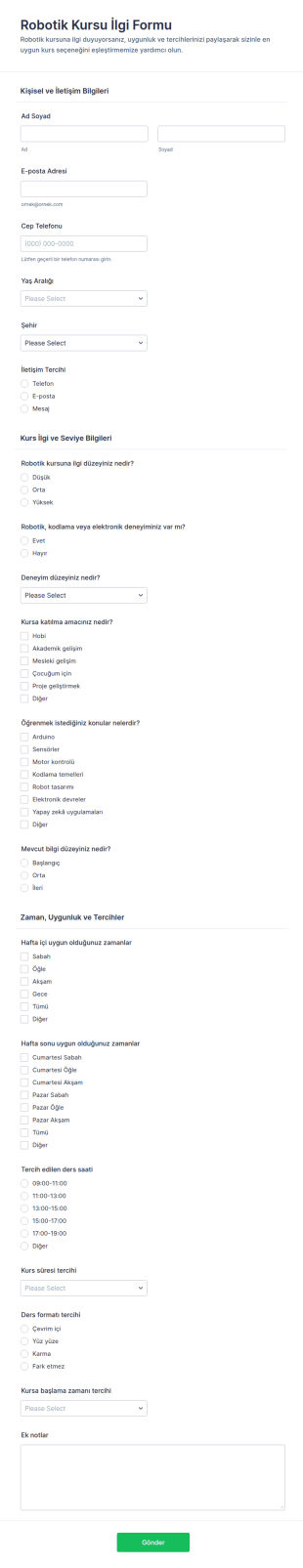 Robotik Kursu İlgi Form Şablonu