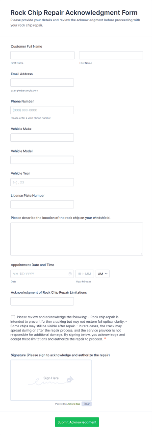 Rock Chip Repair Acknowledgment Form Template
