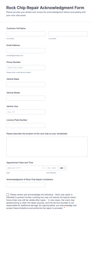 Rock Chip Repair Acknowledgment Form Template