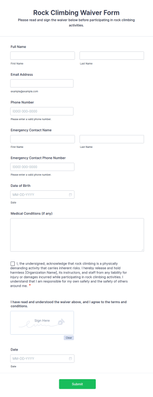 Rock Climbing Waiver Form Template