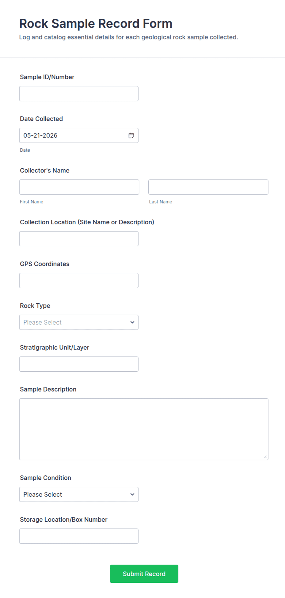 Rock Sample Record Form Template | Jotform