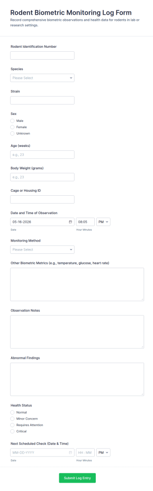 Rodent Biometric Monitoring Log Form Template
