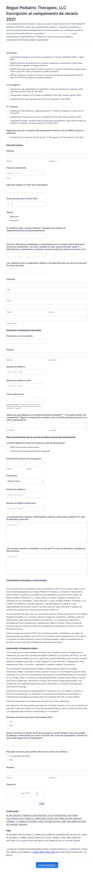 Rogue Pediatric Therapies Summer Camp 2021 Spanish