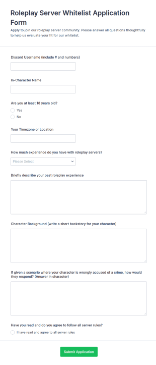 Roleplay Server Whitelist Application Form Template