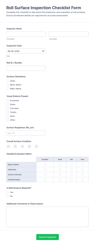 Roll Surface Inspection Checklist Form Template