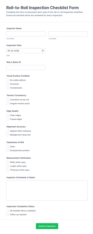 Roll To Roll Inspection Checklist Form Template