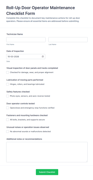 Roll Up Door Operator Maintenance Checklist Form Template