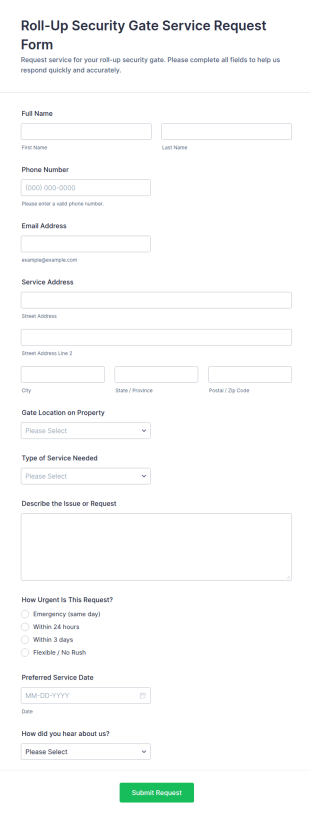 Roll Up Security Gate Service Request Form Template