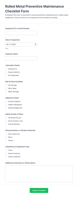 Rolled Metal Preventive Maintenance Checklist Form Template