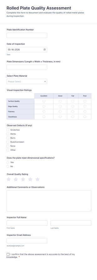 Rolled Plate Quality Assessment Form Template