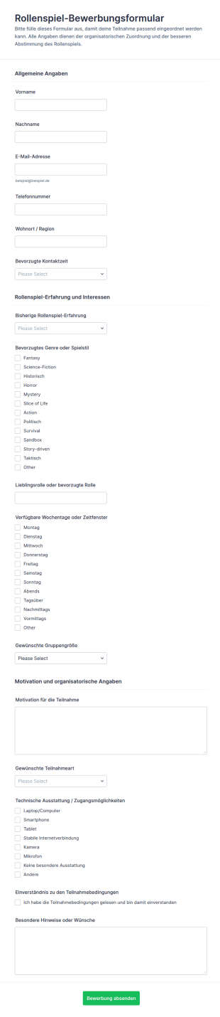 Rollenbasiertes Rollenspiel Antragsformular