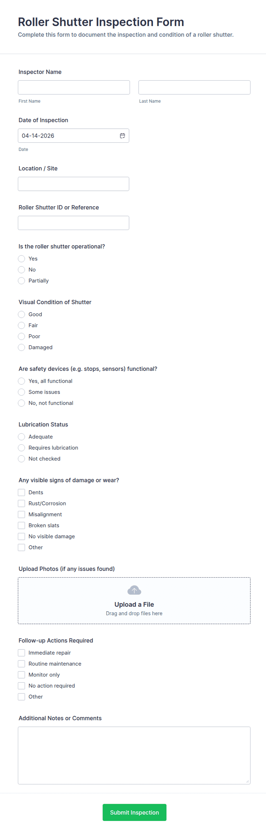 Roller Shutter Inspection Form Template | Jotform