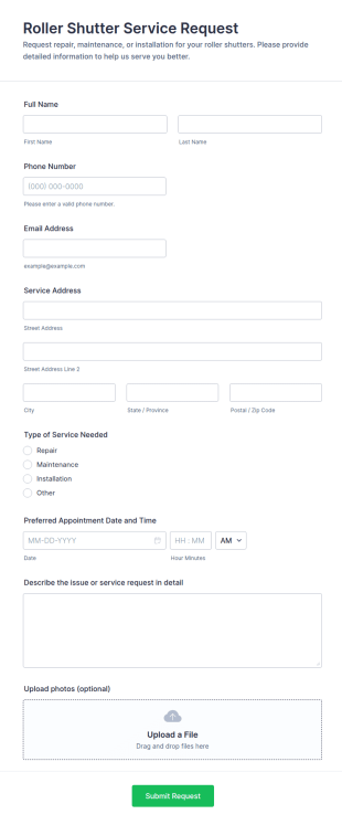 Roller Shutter Service Request Form Template