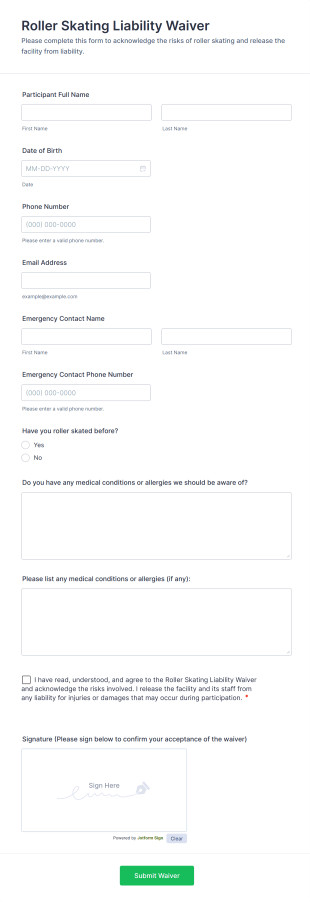 Roller Skating Liability Waiver Form Template