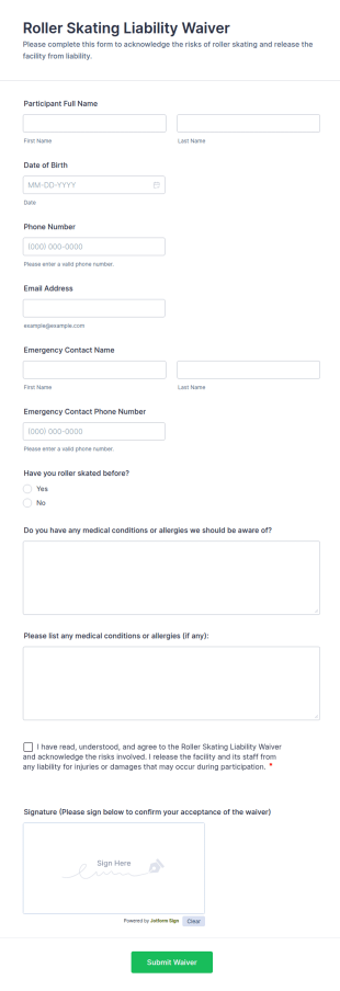 Roller Skating Liability Waiver Form Template