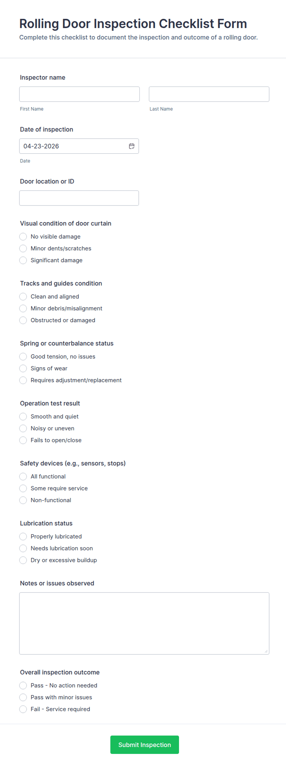 Rolling Door Inspection Checklist Form Template | Jotform