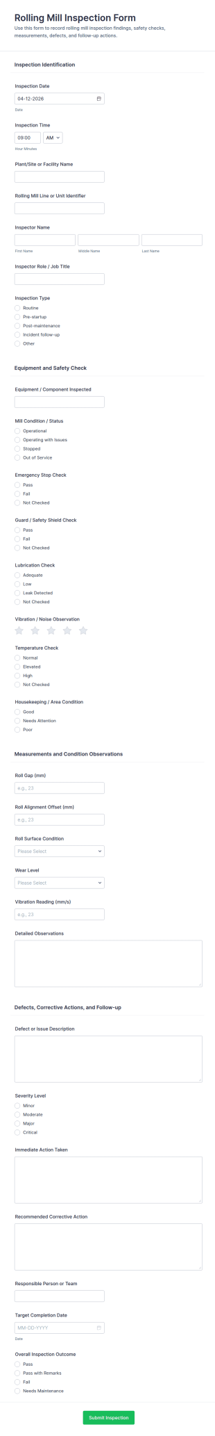 Rolling Mill Inspection Form Template
