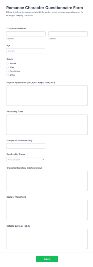 Romance Character Questionnaire Form Template