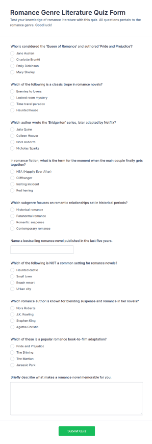 Romance Genre Literature Quiz Form Template