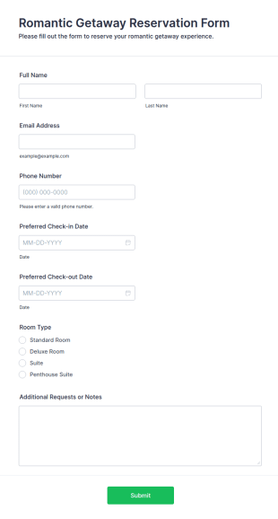 Romantic Getaway Reservation Form Template