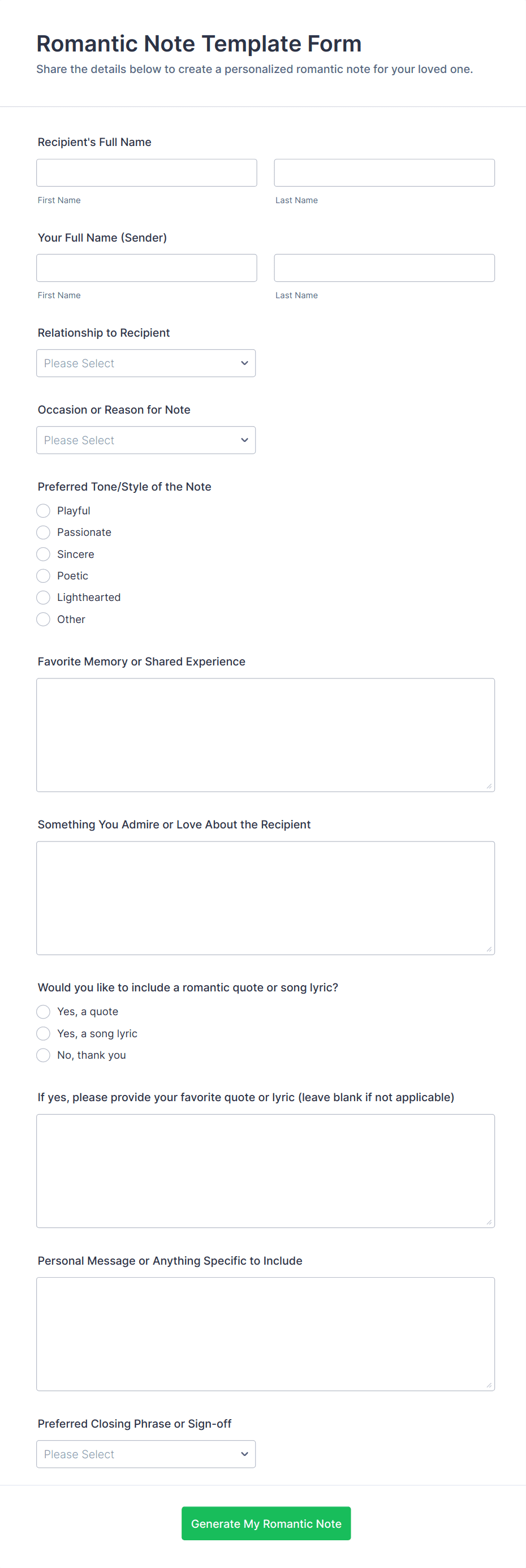 Romantic Note Template Form | Jotform