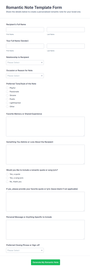 Romantic Note Template Form