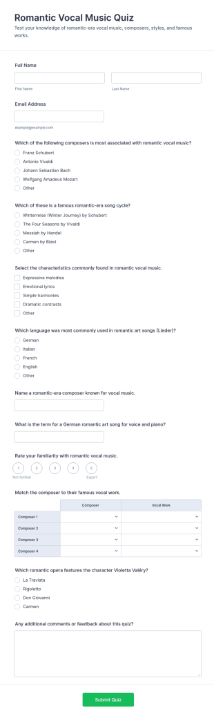 Romantic Vocal Music Quiz Form Template