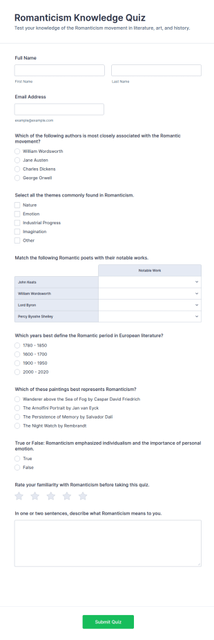 Romanticism Knowledge Quiz Form Template