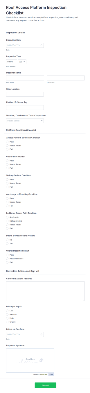 Roof Access Platform Inspection Checklist Form Template