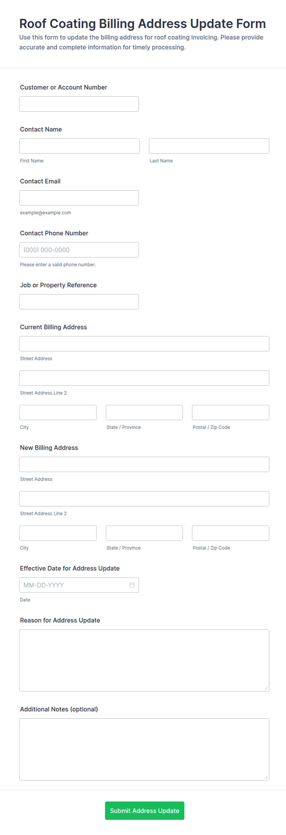 Roof Coating Billing Address Update Form Template | Jotform