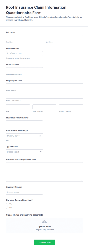 Roof Insurance Claim Information Questionnaire Form Template