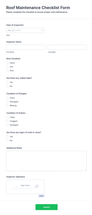 Roof Maintenance Checklist Form Template