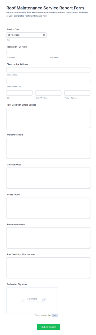 Roof Maintenance Service Report Form Template