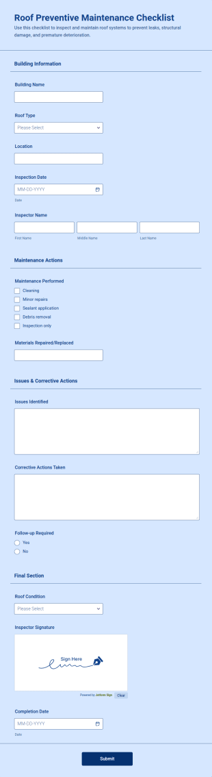 Roof Preventive Maintenance Checklist Form Template