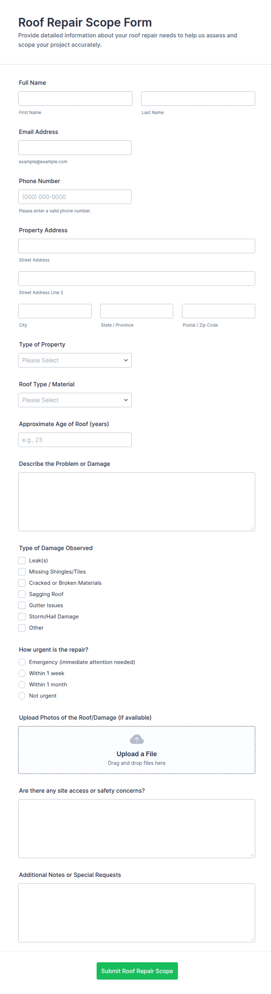 Roof Repair Scope Form Template | Jotform