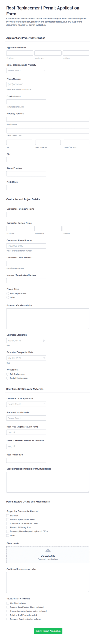 Roof Replacement Permit Application Form Template