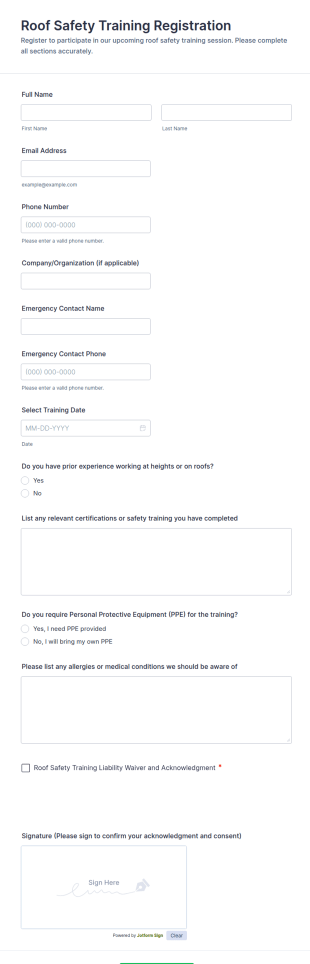 Roof Safety Training Registration Form Template