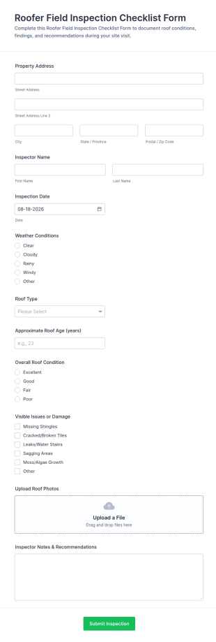Roofer Field Inspection Checklist Form Template