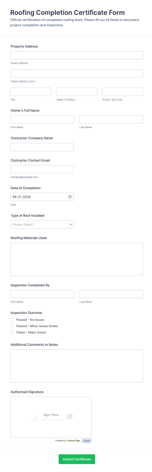 Roofing Completion Certificate Form Template