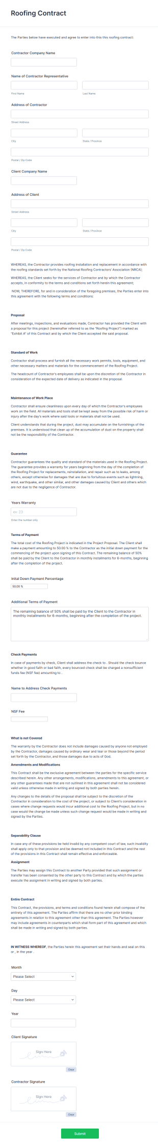 Roofing Contract Form Template